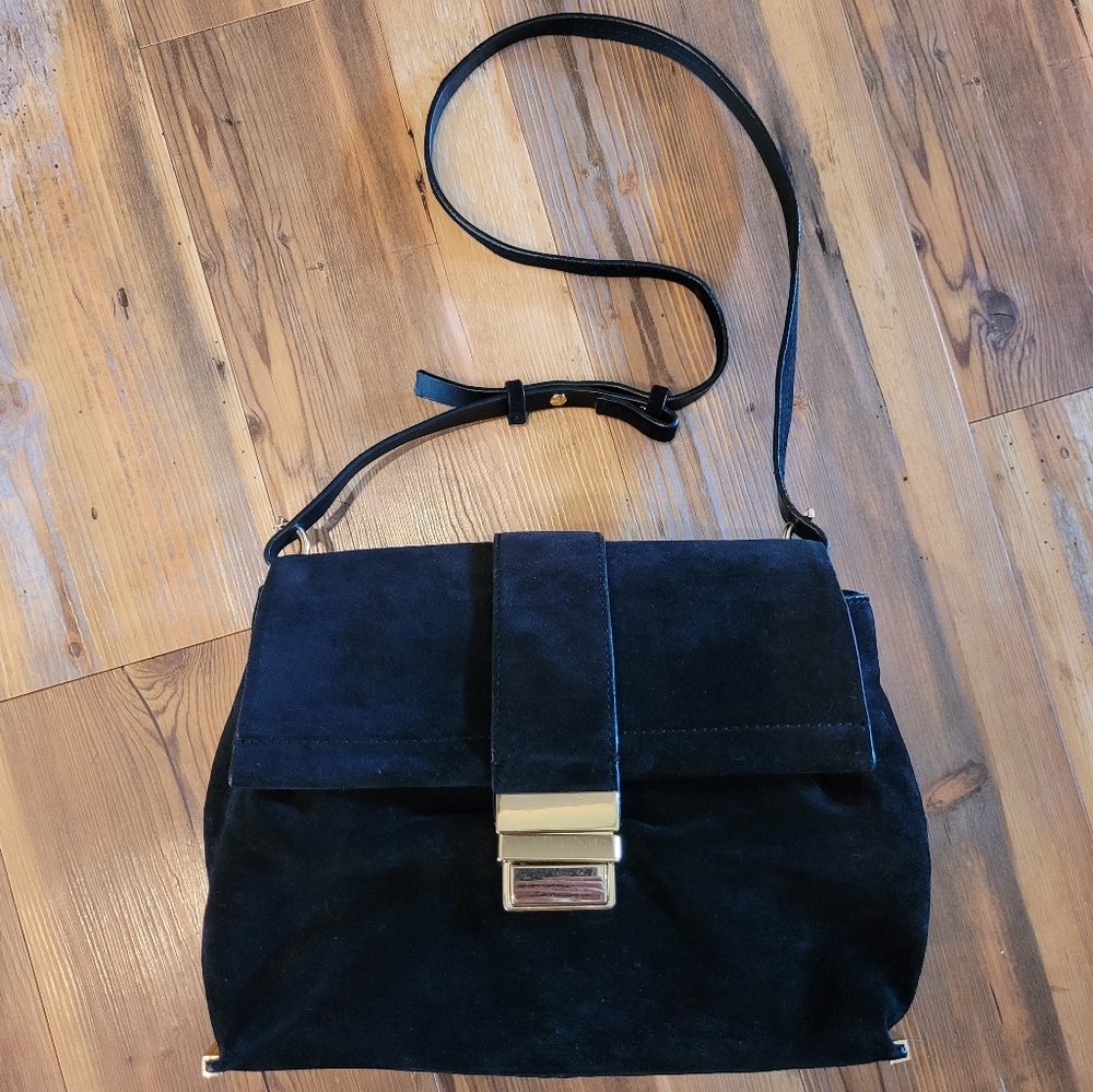 Zara Black Suede Shoulder Bag with Gold Hardware